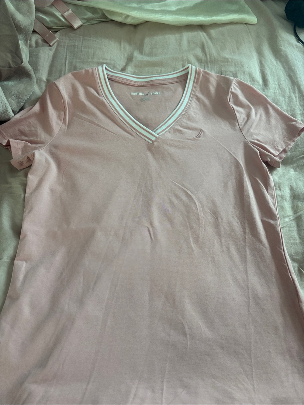 Nautica Light Pink V-NeckbbvTee with Striped Trim